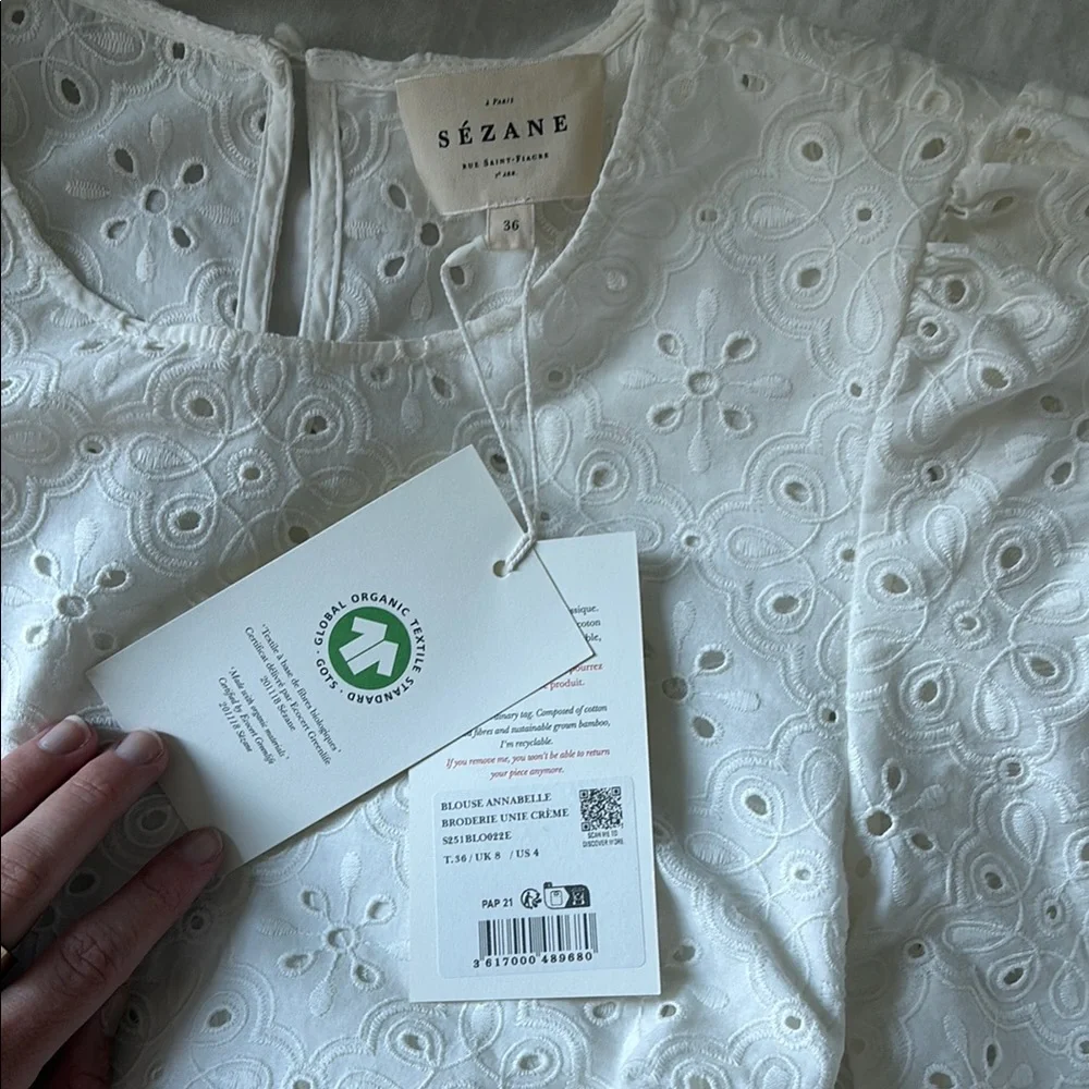 Sezane Annabelle Blouse | White Ruffled Scalloped Blouse Eyelet - Picture 4 of 10